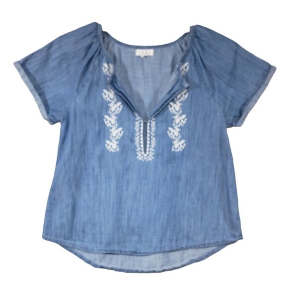 THML Womens SS Top Sz XS Chambray Embroidered Design Blue White 100% Cotton EUC - Picture 1 of 11